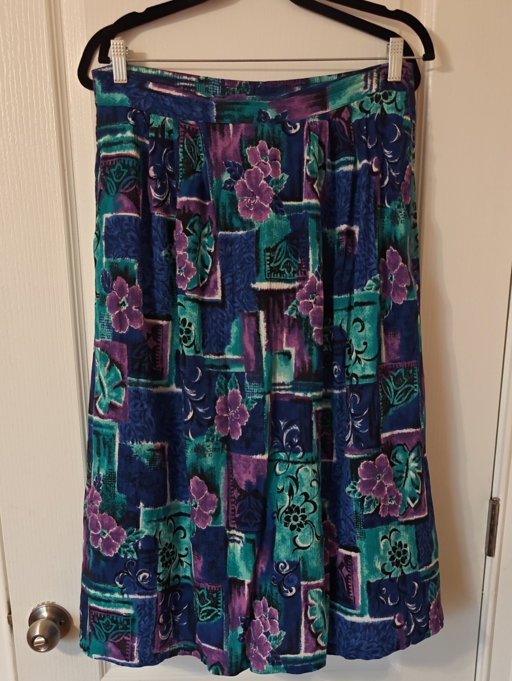 Vintage Women’s Floral Patchwork Midi Skirt - Teal, Blue & Purple